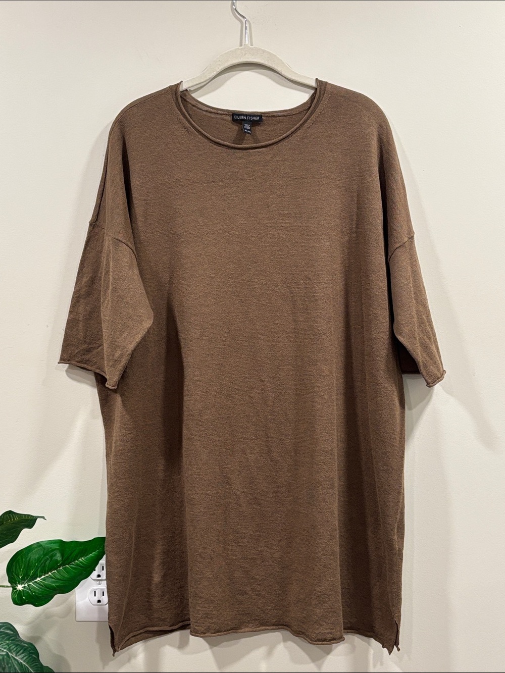 Eileen Fisher Organic Linen Cotton Knit  Chocolate Brown Elbow Sleeve Tunic Top